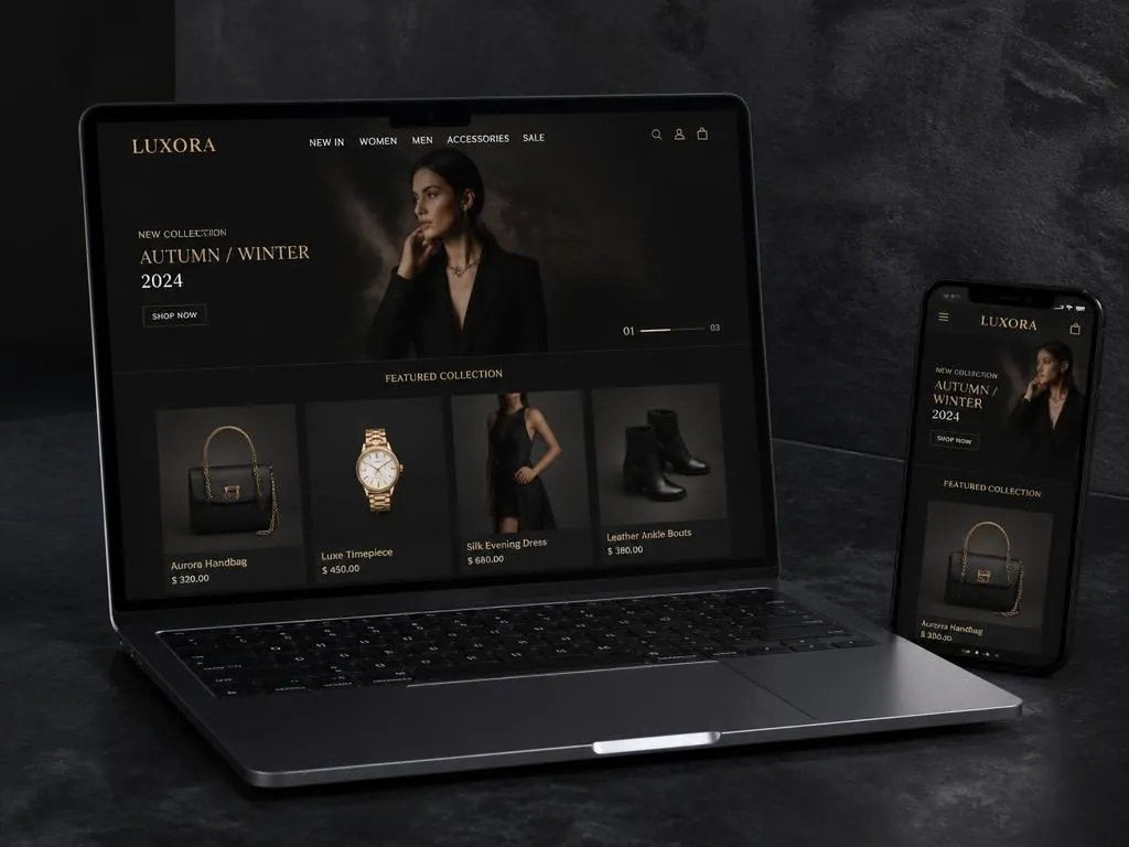 Notebook e smartphone exibindo uma loja virtual de luxo com vitrine escura e detalhes dourados