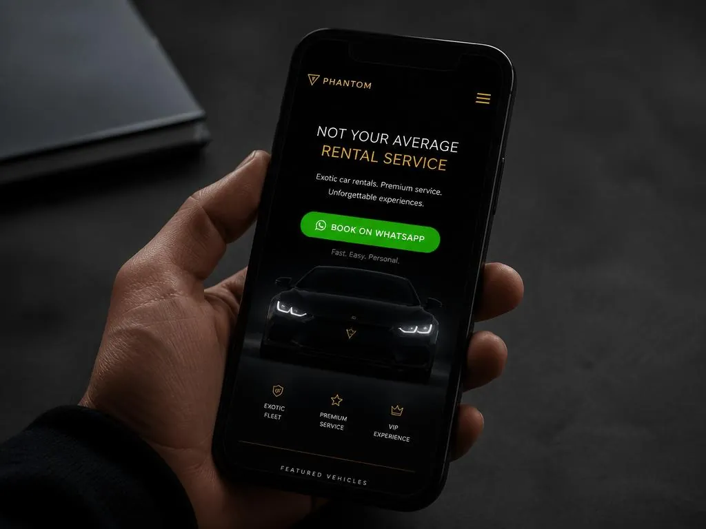 Smartphone exibindo uma landing page escura premium com botão verde de agendamento no WhatsApp